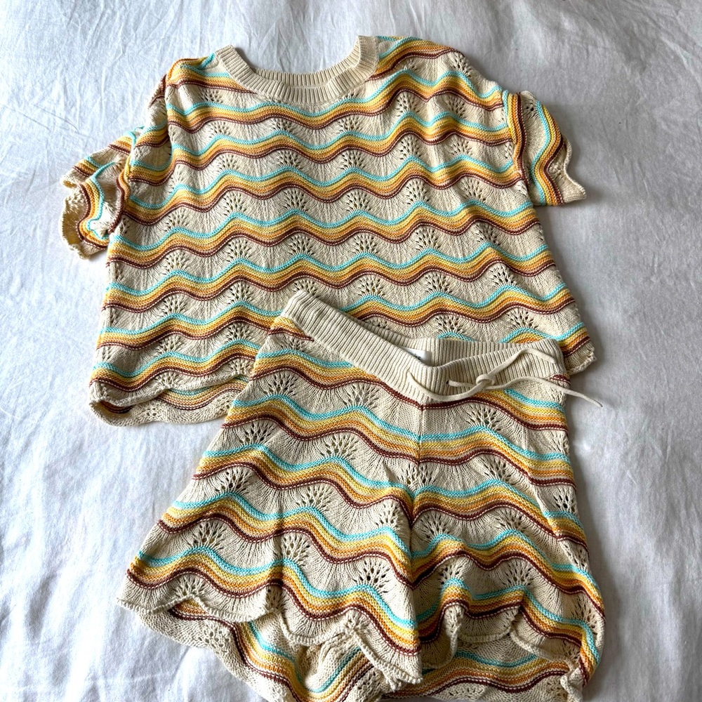 L*Space High Waist Shorts Set- cream, brown yellow and blue shorts and top
